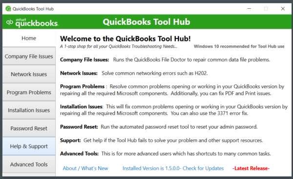 QuickBooks Tool Hub Home Screen